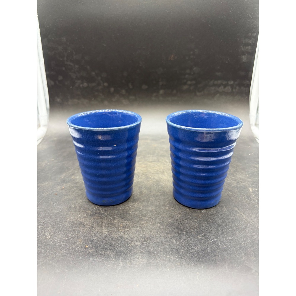 Handmade Cobalt Blue Ribbed Ceramic Tumblers Set of 2 Artisan Pottery Cups